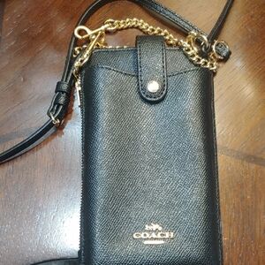 Coach Black Leather Phone Crossbody with Gold Chain